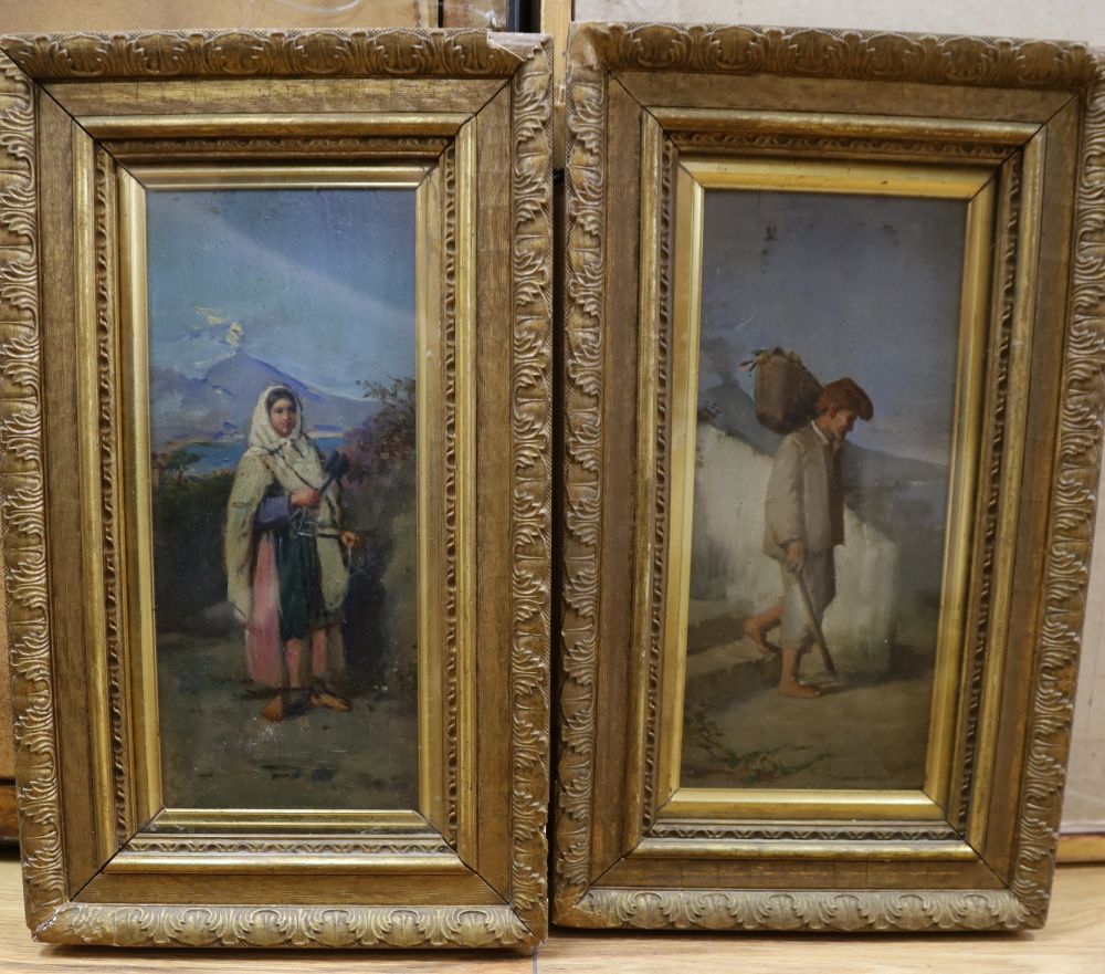 Neapolitan School, pair of oils on panel, Italian peasants in a landscape, 22 x 9.5cm